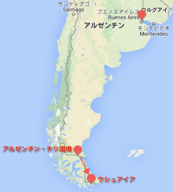 ヒッチハイク地図ウシュアイア